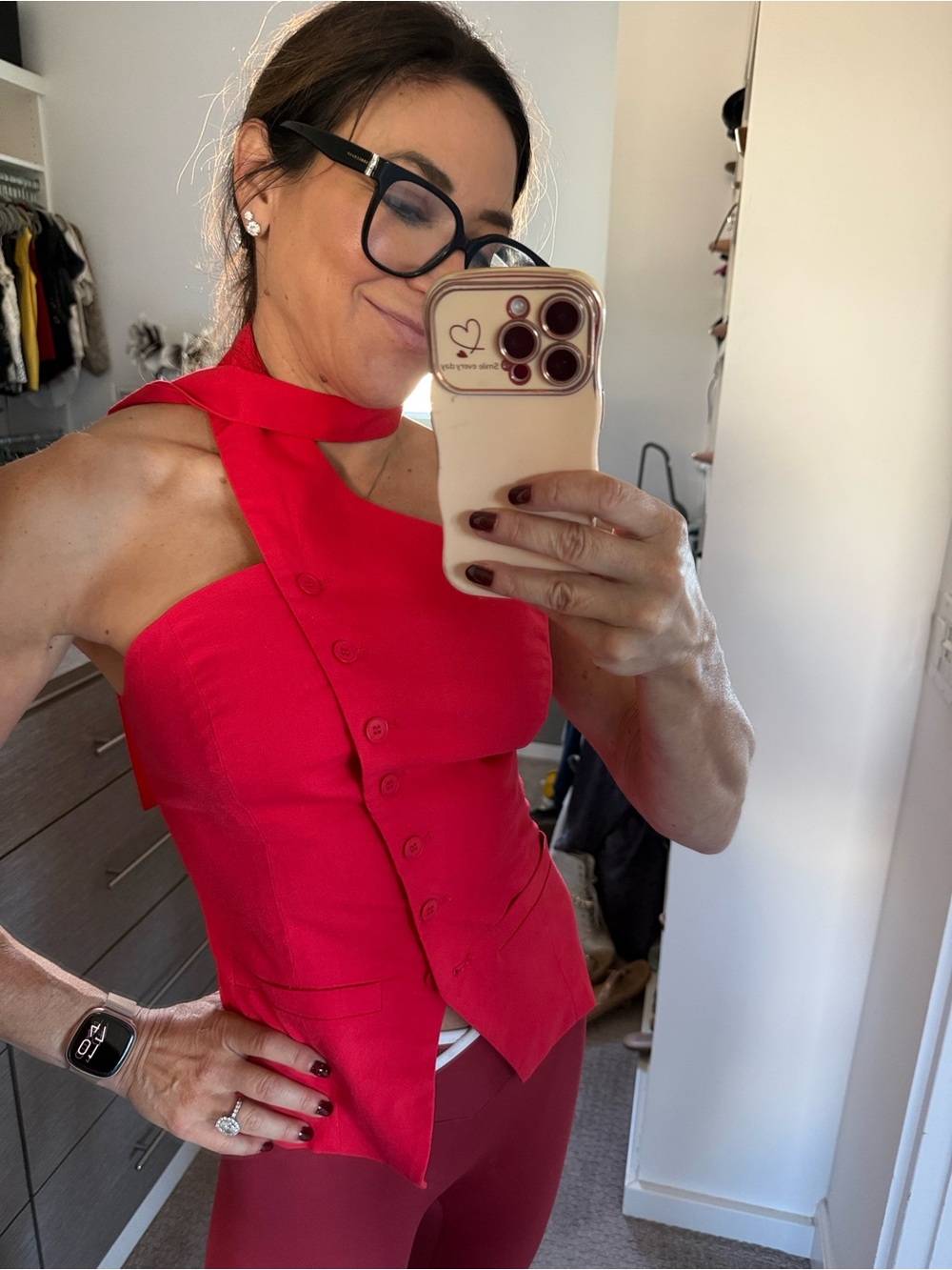 Commense Red One-Shoulder Button-Front Tunic Top